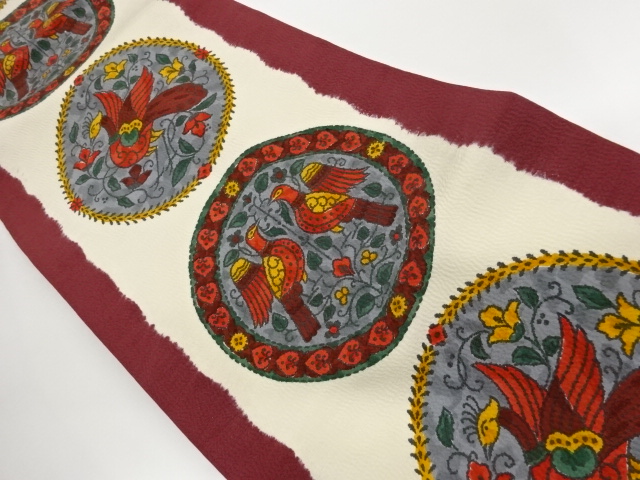 JAPANESE KIMONO / FUKURE-ORI ROUNDEL / FLOWER-EATING BIRD PATTERN NAGO